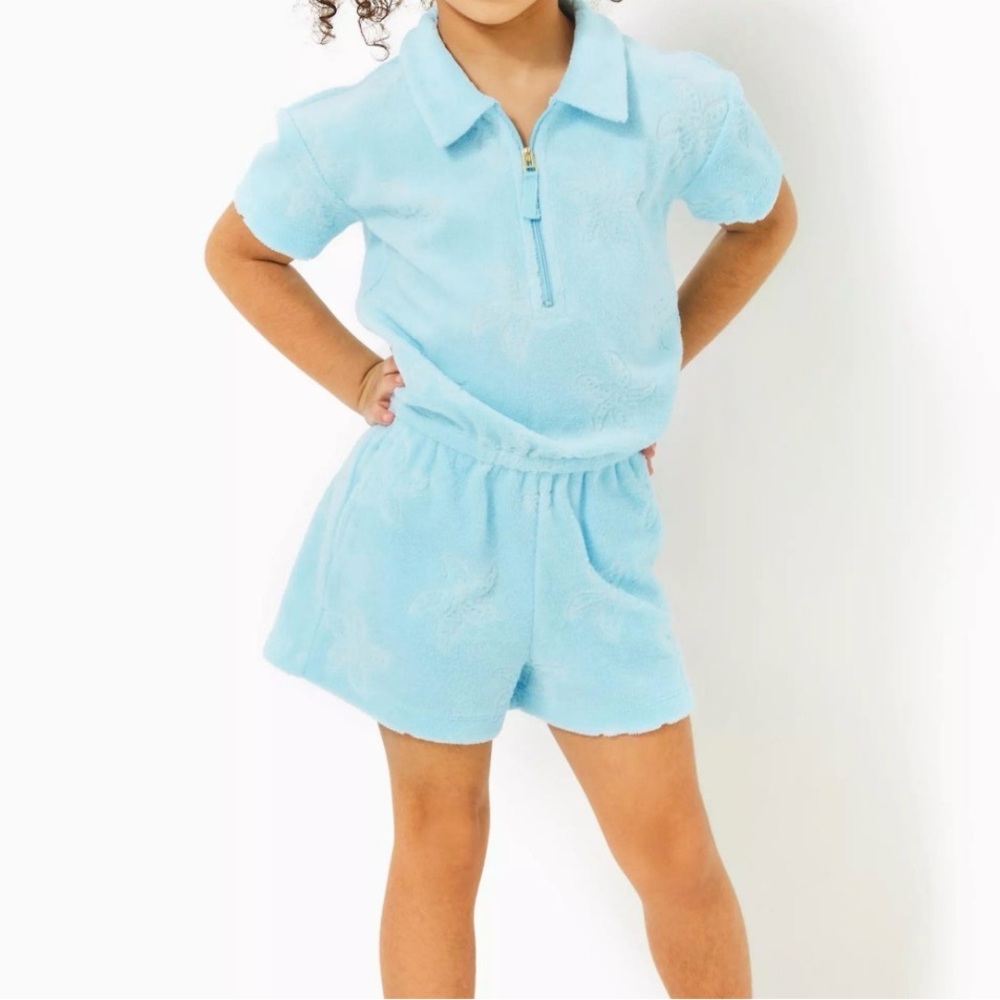 Lilly Pulitzer Girls' Mini Katerini Romper Hydra Blue Seaing Stars Size XL
